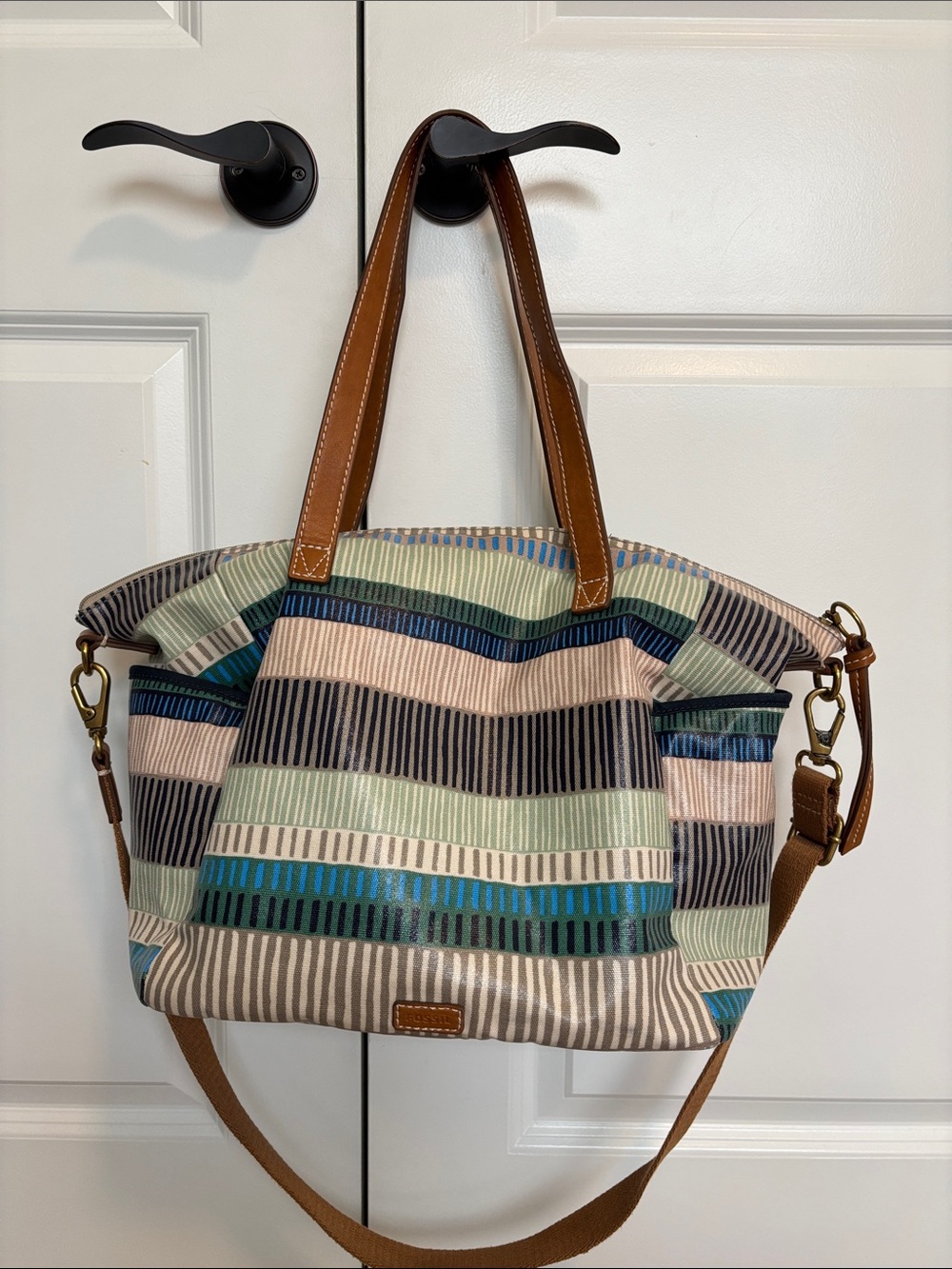 Fossil - Striped Canvas Tote Bag with Tan Leather Handles